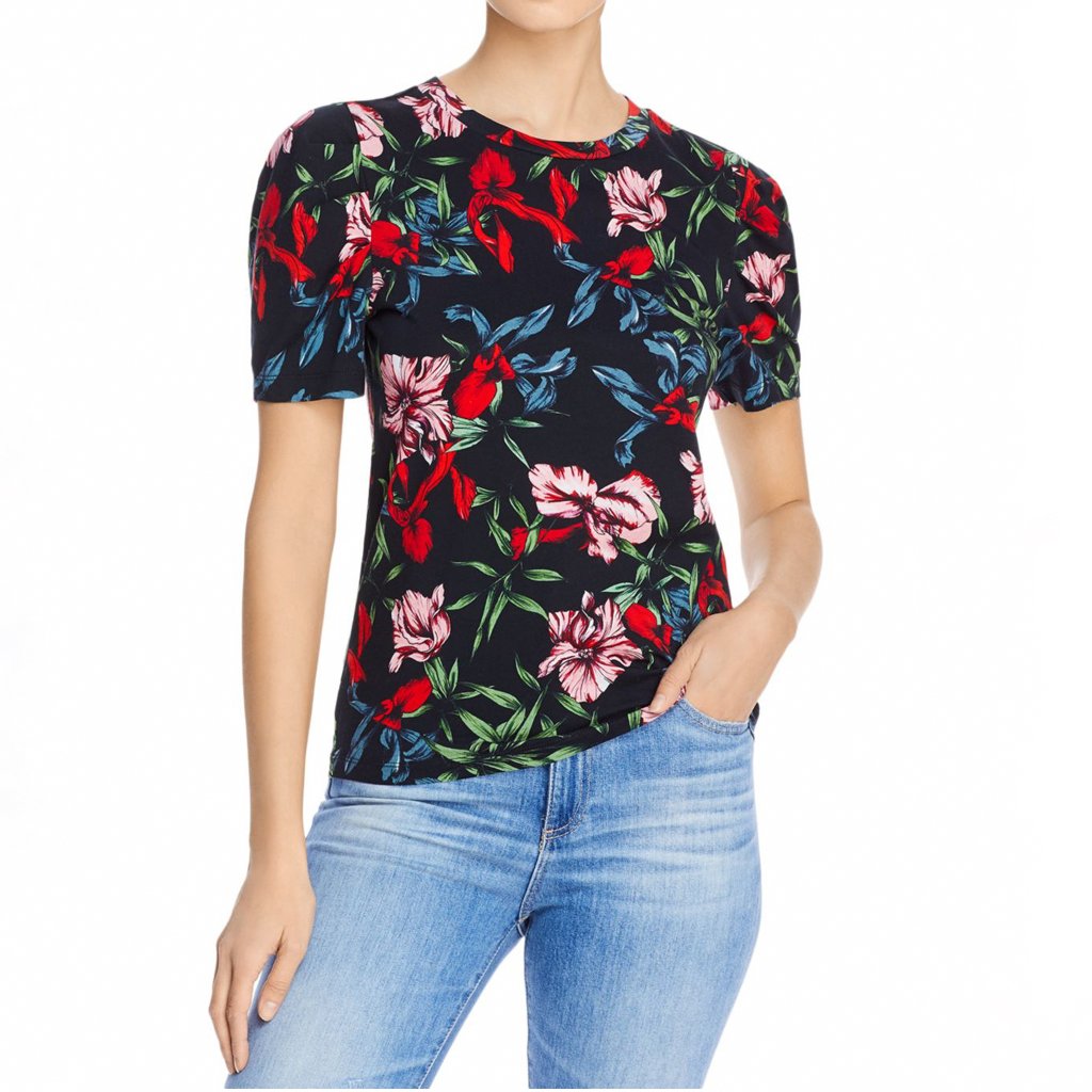 Pam & Gela Womens Black Floral Printed Puff Sleeve Cotton Top T-Shirt Xs